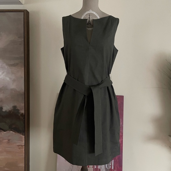 Theory Olive Sleeveless Belted V Neck Dress